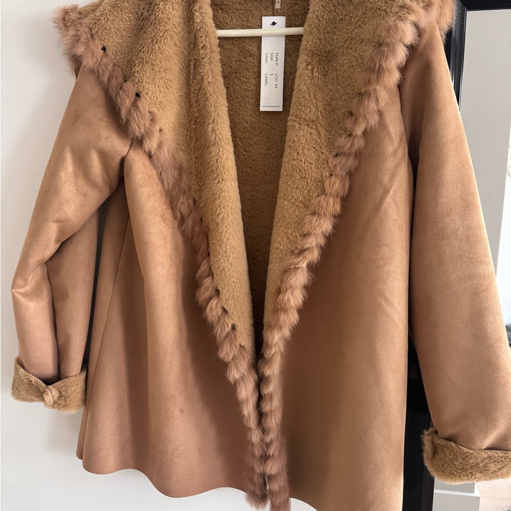 Real Rabbit Fur Camel Hooded Faux Suede Coat – Size S – NWT